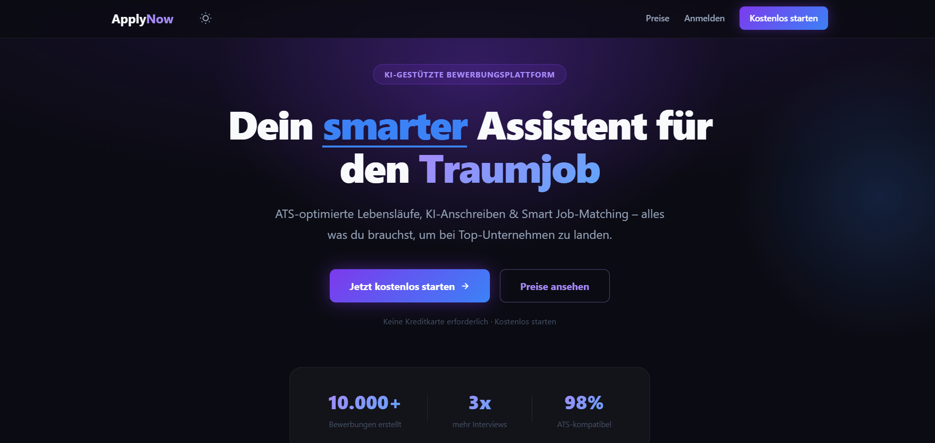 Startseite von ApplyNow mit der Überschrift „Dein smarter Assistent für den Traumjob“