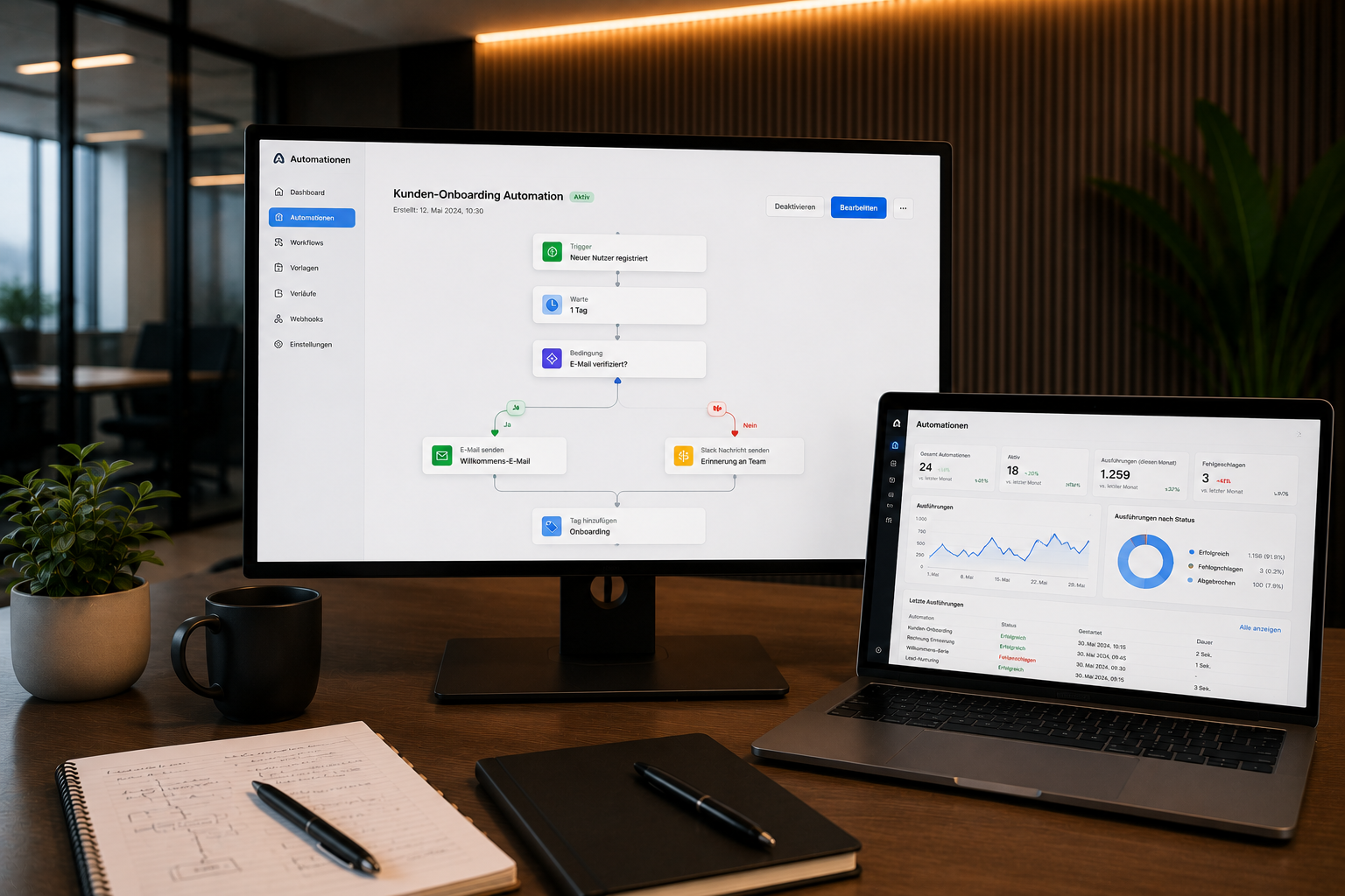 Automatisierter Workflow mit Auslöser, Bedingung und Aktionen auf einem Bildschirm