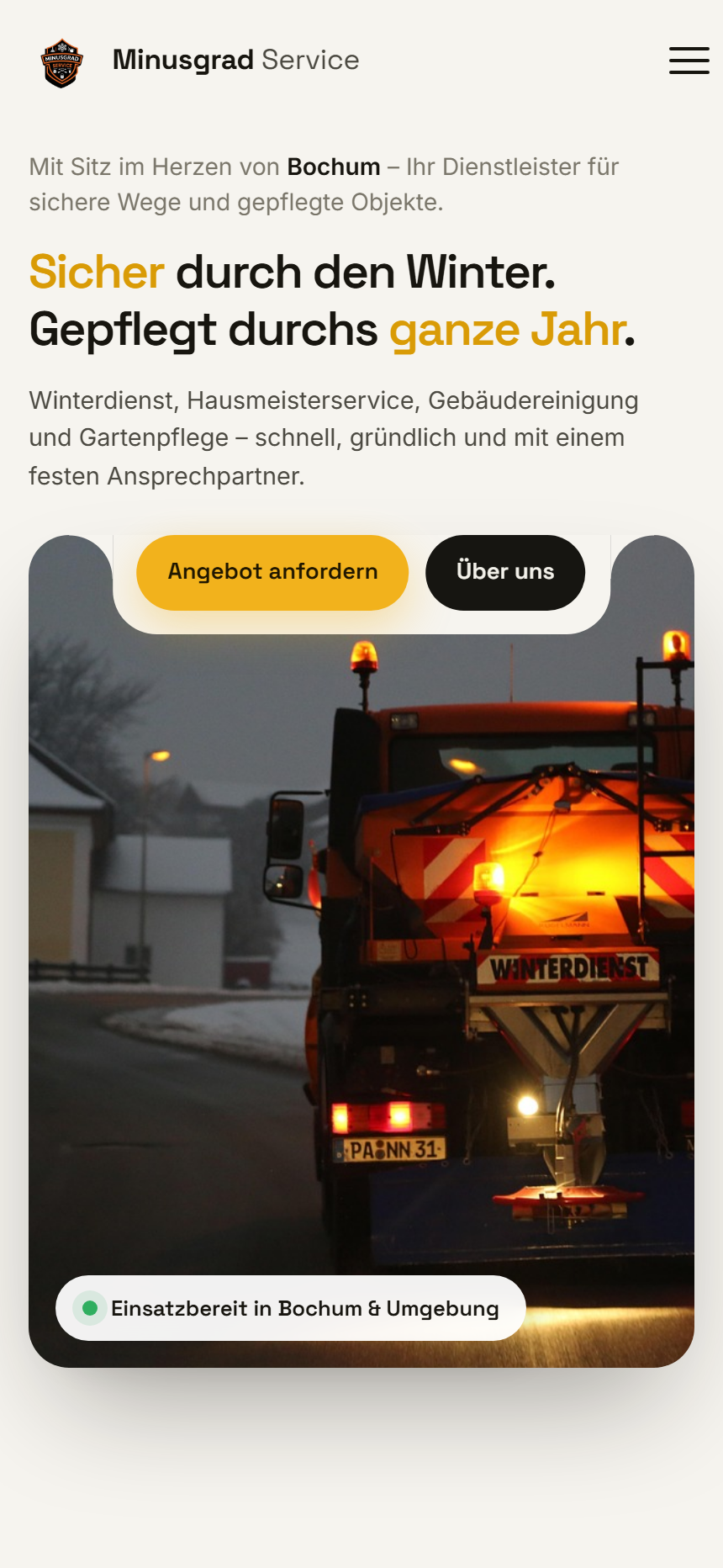 Website von Minusgrad Service auf dem Telefon, Winterdienst & Hausmeisterservice