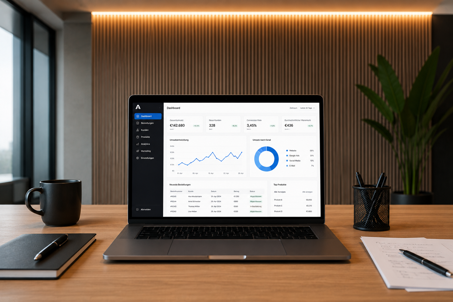 Dashboard mit Beispielzahlen auf einem Laptop
